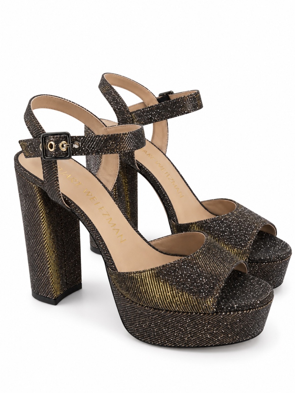 Stuart Weitzman Ryder Metallic Platform Block Heel Sandals Gray Gold Glitter 8.5